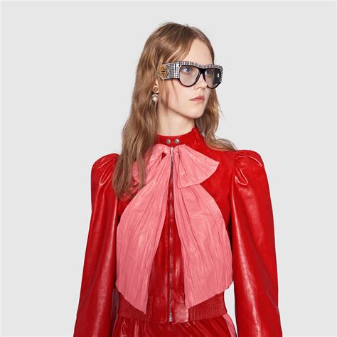 gucci womens red leather bow jacket|Gucci leather jacket online.